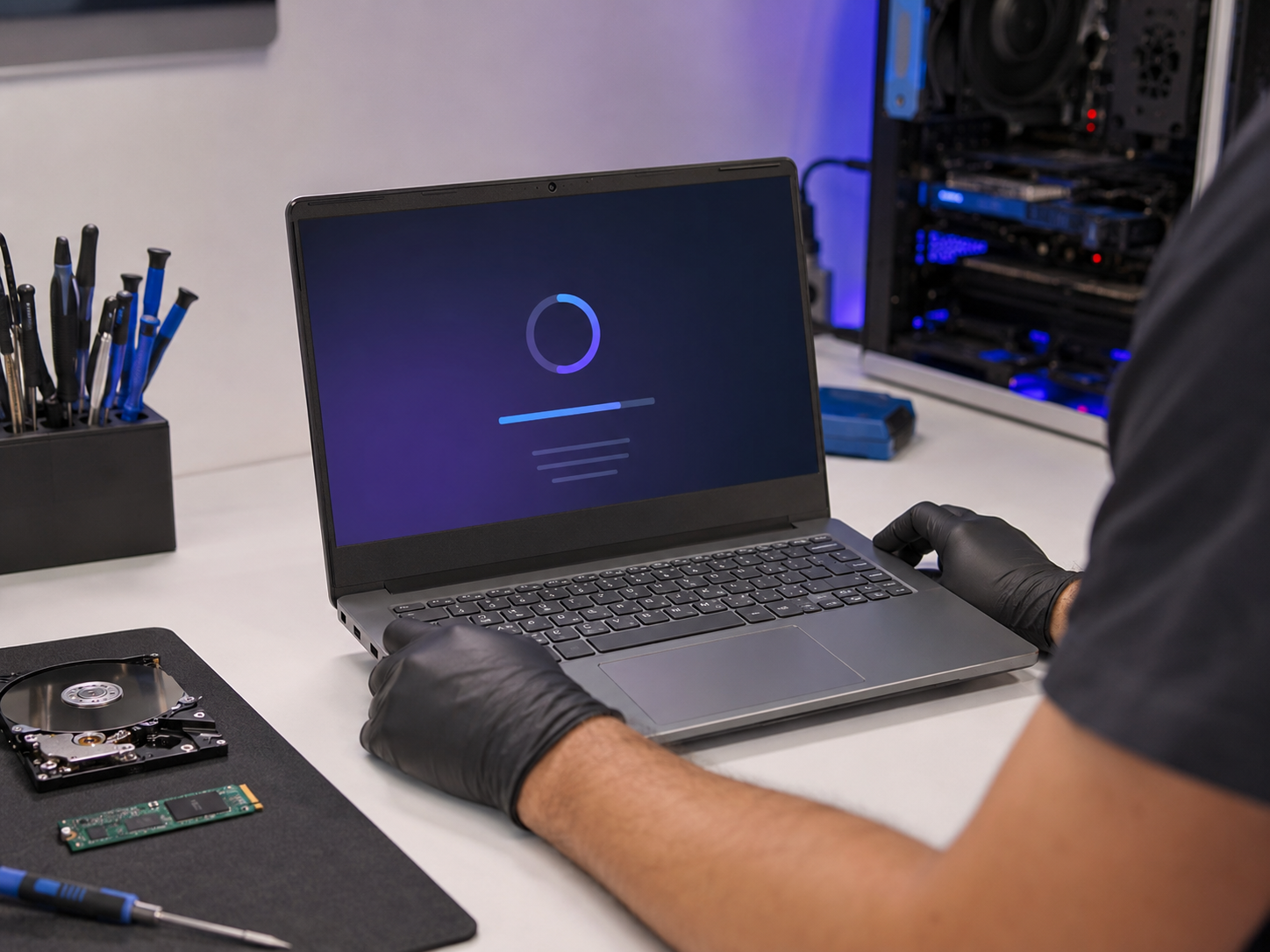 Técnico configurando um notebook em bancada profissional